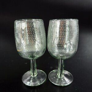 Light Transparent Green Drinking Goblets Glasses Set 2 With Textured Air Bubbles